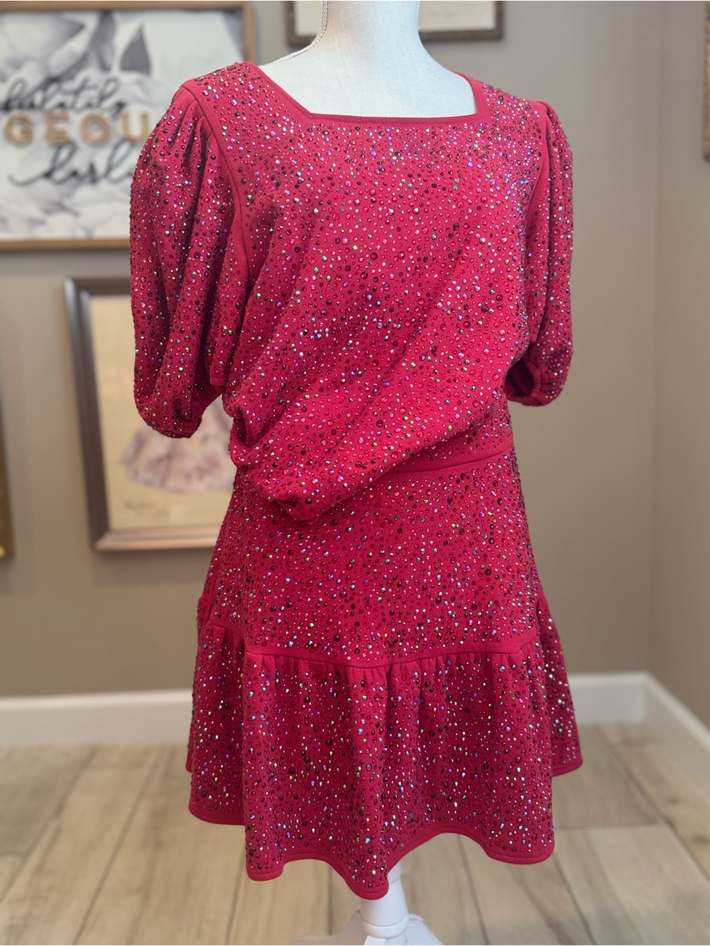 QUEEN OF SPARKLES Red Full Rhinestone Puff-Sleeve Skirt Set - Picture 4 of 12